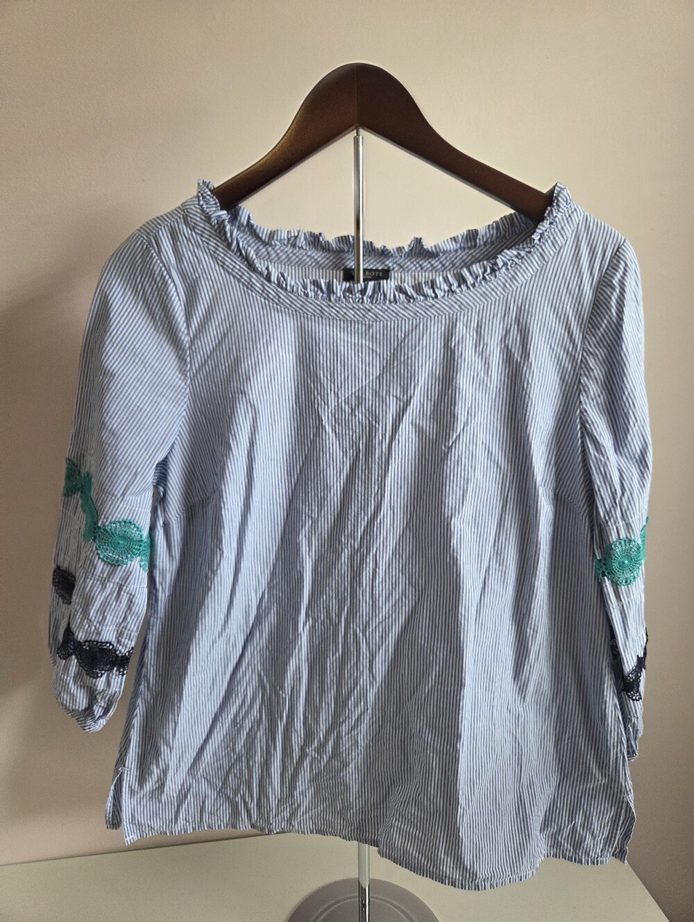 Talbots Blue & White Striped Boatneck Top with Green & Black Sleeve Embroidery
